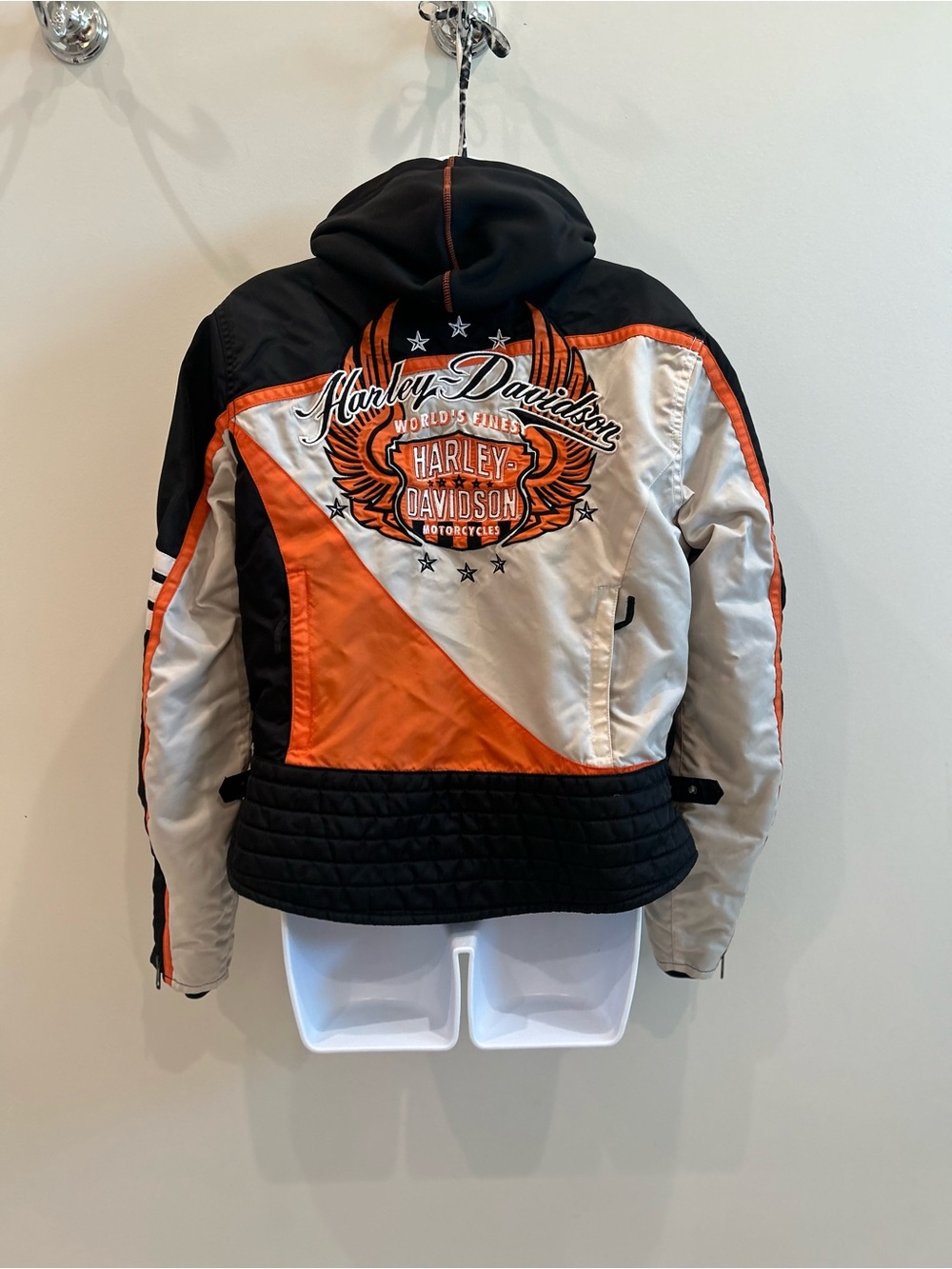 Harley-Davidson Black, Orange & White  Jacket with Hooded Liner. Size Large